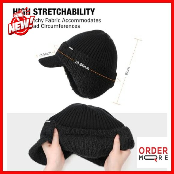 Fleece Lined Winter Beanie with Brim and Ear Flaps, Unisex Thermal Hat main image 7